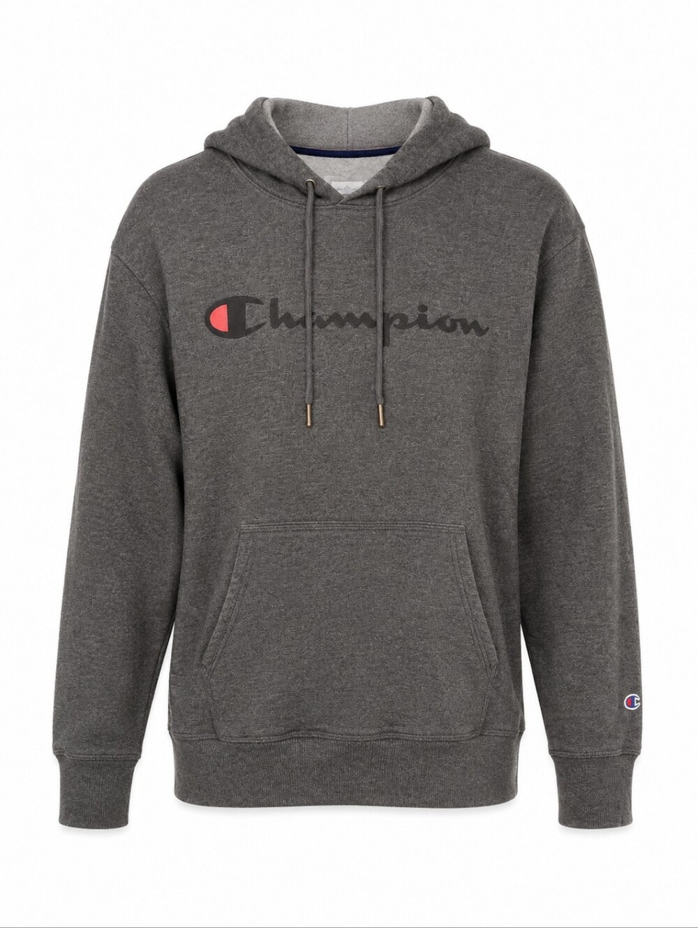 Champion Dark Gray Pullover Hoodie with Small Red Logo Accent